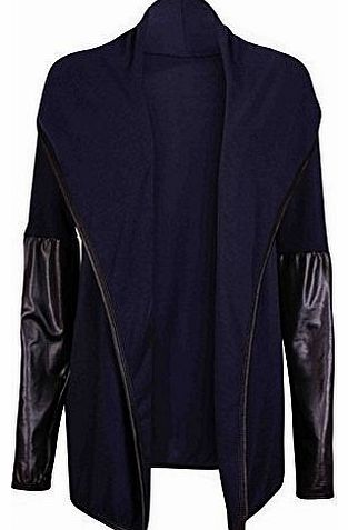 Purple Hanger Womens PVC PU Long Sleeve Ladies Stretch Waterfall Trim Open Fitted Cardigan Jacket Coat Navy Blue 8 - 10