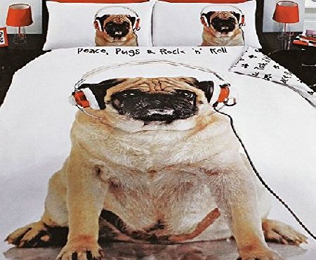 Quality Linen And Towel Urban Unique Rock N Roll Pug With Headphones Photographic Print Duvet / Quilt Cover Set, Double White.