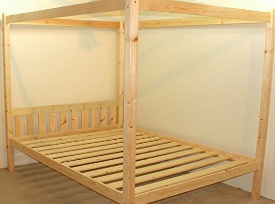 Quattro Four Poster Bed Four Poster Bed - 4ft 6 double solid natural pine 4 poster bed frame - Extra wide base slats with centre rail