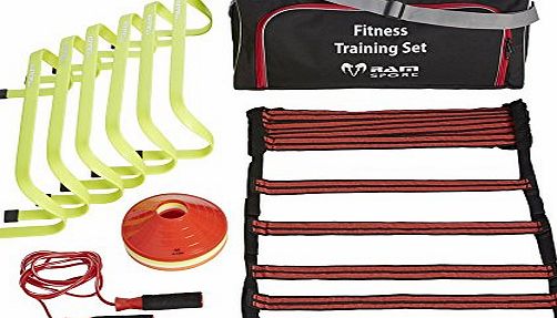 Ram Sports Fitness Training Set - Perfect for Personal Training, Exercise and Strength - Home Gym Fitness Equipment - Includes 6x Hurdles, 1x Fabric Agility Ladder, 20x Marker Cones, 1x Skipping Rope, Supplied i