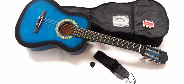 RayGar Ltd. 3/4 Size BLUEBURST classical guitar pack for kids beginners- suit 9 to 12 years - inc bag, strap, picks, pitch pipes and guitar tutor dvd.