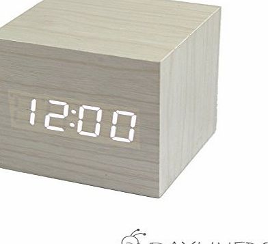 RayLineDo Most beautiful Latest Design Fashion White Wood Cube Mini White LED Wooden Digital Alarm Clock -Time Temperature Date Display - Voice and Touch Activated