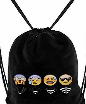 Rechel Drawstring Bag,Emoji Wifi Cute Pattern Sports Travel School Gym Backpack Softback Harajuku Unisex (black1)
