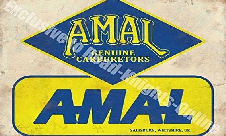 RKO AMAL Genuine Carburettors, Salsbury Wilshire UK. Blue and yellow logo on white back ground. Old, retro vintage, motor cycle, bike. For house, home, bar, club, garage, shed, pub or shop. Small Metal/St