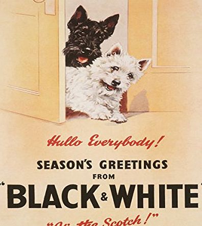 RKO Black amp; White Scotch Whisky with Scotty dogs. Christmas advert for drink. No whisky bottle. Old retro vintage advert for home, house, Medium Metal/Steel Wall Sign