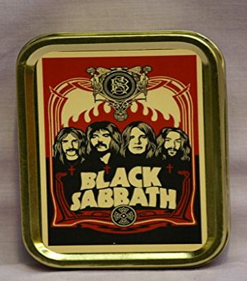 RKO Black Sabbath. Ozzy Osbourne. Black and white picture of the band on red background. British Rock Band. Logo. Gold Sealed Lid 2oz Tobacco Storage Tin