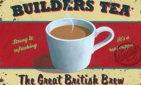 RKO Builders tea, the Great British brew. Strong, refreshing, milk, white, steaming, hot, sugar. Food and drink. Mug not tea cup or china. Cafe, greasy spoon. Small Metal/Steel Wall Sign