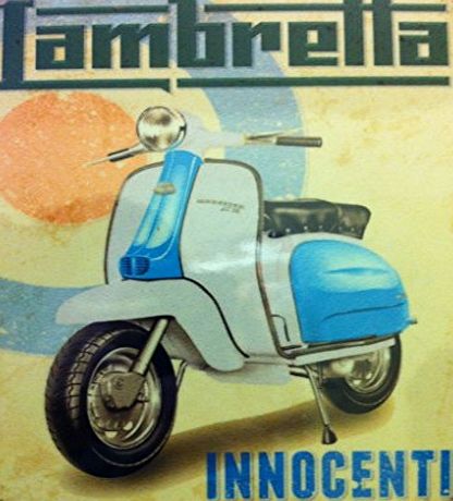 RKO Lambretta - Innocenti. Blue and white on Mod target. Scooter Moped. For house, home or garage or cafe or pub. Small Metal/Steel Wall Sign
