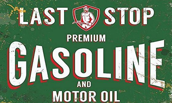 RKO Last Stop Gasoline. Premium. Motor oil. Petrol sign, station, car, motorbike. Automotive. Green and white, text. Old retro vintage advert sign, rust and paint. 50s design. Ideal for house, home, bar, 