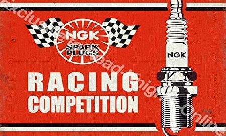 RKO NGK Racing Competition Spark Plugs, cars, bikes, motor. Racing. Red sign with black and white image. Old retro vintage for house, home, bar, garage, pub or bar. Medium Metal/Steel Wall Sign
