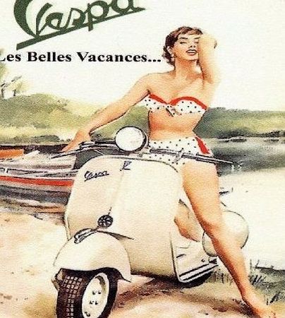 RKO Vespa Les Belles Vacances. Lady in polka dot bikini on white vespa. Motor scooter. 1950s beach, not mod. For home, garage, pub or man cave Fridge Magnet