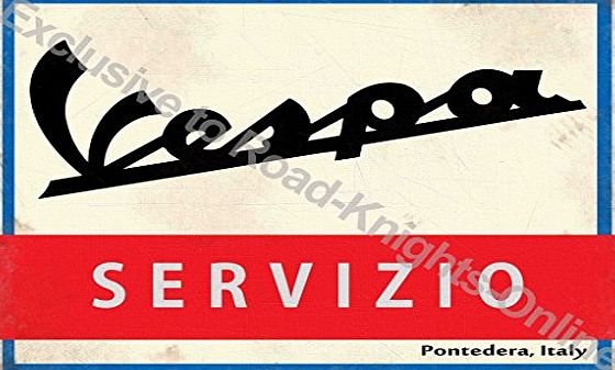 RKO Vespa Scooter Sevizio. Service sign in Italian. Logo on white, red and blue back ground. Old retro vintage for house, home, garage, shop, bar or pub. Small Metal/Steel Wall Sign