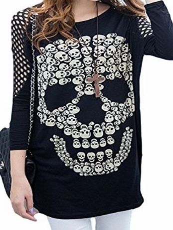 Ro Rox New Oversized Skulls Emo Goth Punk Rock Skull Cool Sexy Perforated Sleeve Top (M - UK 8-10)