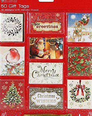 Robelli 50 Luxury Traditional Christmas Gift Tags with Gold Metallic Thread