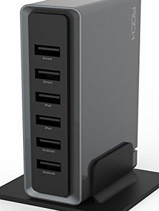 Rock  Universal 8 Amps 6-Port USB Mains Charger with Base for iPhone, iPad and other cell phone tablets (UK Plug, Grey)