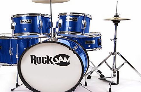 Rockjam  Complete 5-Piece Junior Drum Set with Cymbals, Drumsticks, Adjustable Throne and Accessories - Blue