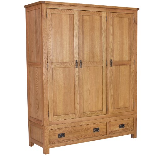 Rustic Saxon Solid Oak 3 Door 2 Drawer Wardrobe
