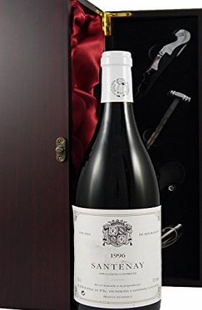 Santenay Rouge Olivier Pere amp; Fils 1996 vintage wine presented in a silk lined wooden box with four wine accessories