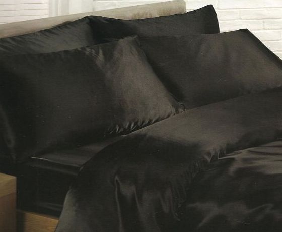 SATIN Black Satin Single Duvet Cover, Fitted Sheet and 2 Pillowcases Bedding Set