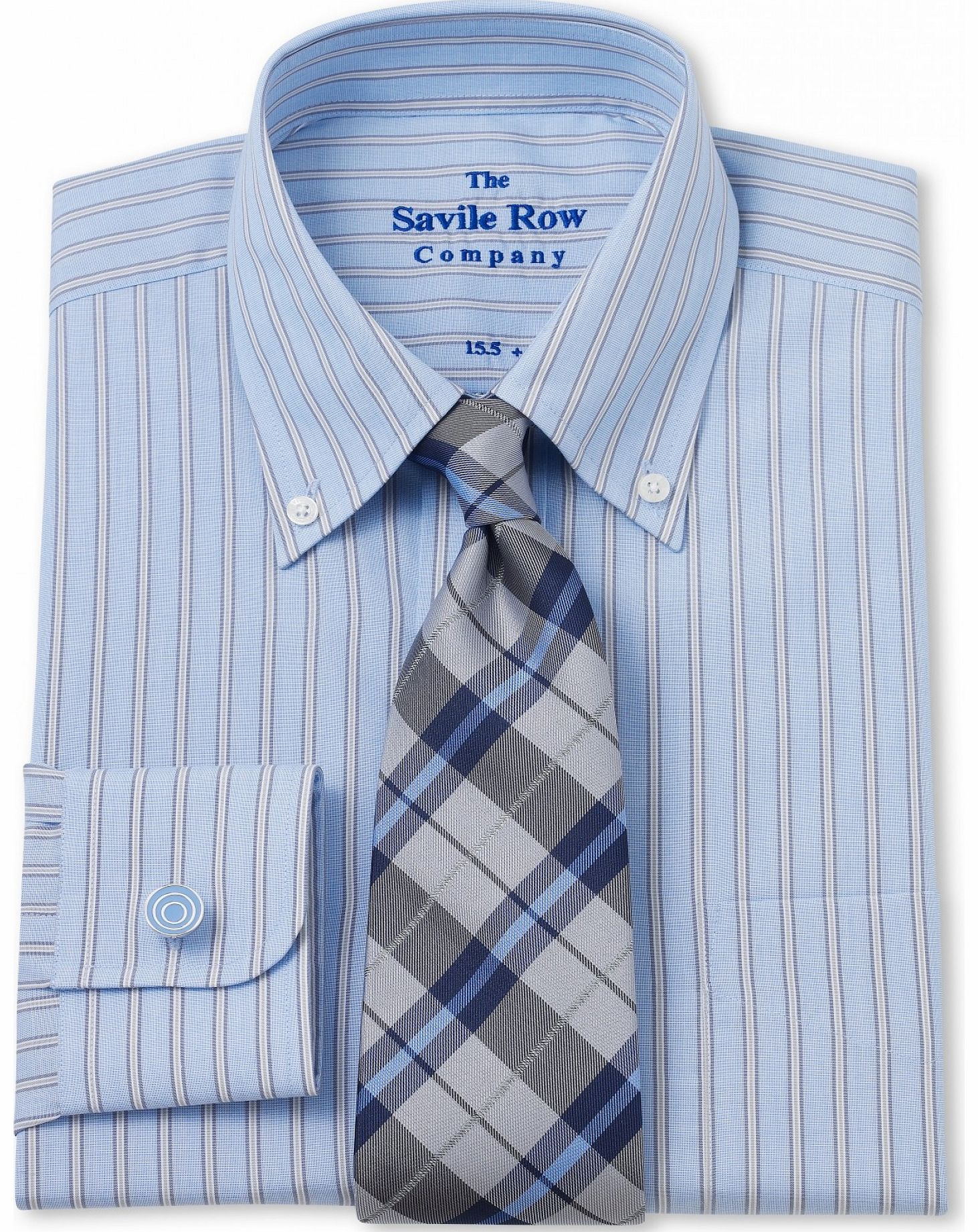Savile Row Company Blue Grey End on End Stripe Classic Fit Shirt 16