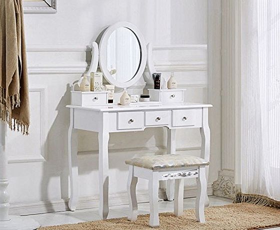 Schindora White Dressing Table and Chair Makeup Desk with Stool 5 Drawers and Oval Mirror Bedroom