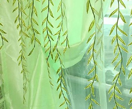 seguryy 1m * 2m Curtains Rural Style Willow Leaves Pattern Offset Blind Printed Glass Yarn for Door Window Decor (Green)