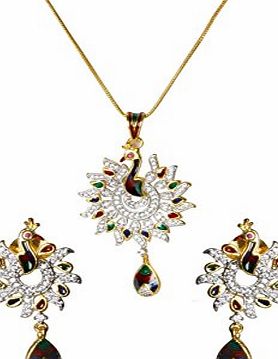 Sempre London ``The Royal Designer Piece`` High Quality Swiss Cubic Zirconia 18 Gold Two Tone Plated Peacock Designer Pendant with Designer Earrings... For those Royal Looks....
