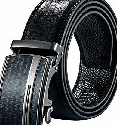 Sesilot Leather Belt - Automatic Buckle Ratchet Slide Holeless - Long 50`` Black Designer Cowhide Belts for Men (Black)