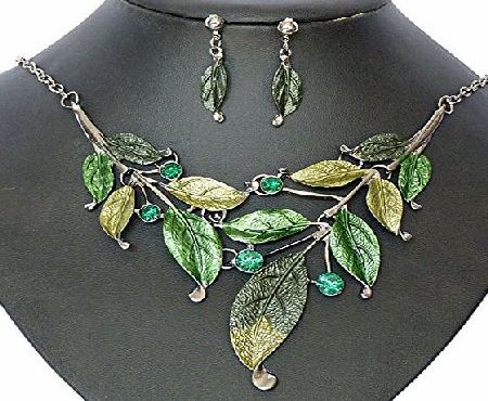 SevenAndEight Samp;E Womens Bohemia Leaf Chunky Statement Necklace Chain, Dangle Leaf Design Earrings, Costume Charm Jewelry Set