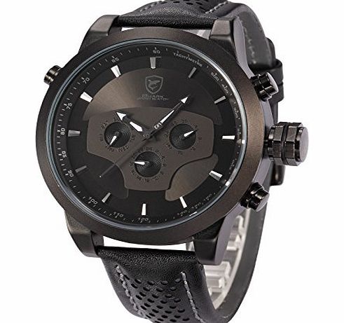 Shark Black Requiem Shark Series Dual Time Zone Analog Date Day Mens Leather Strap Sport Wrist Watch SH210