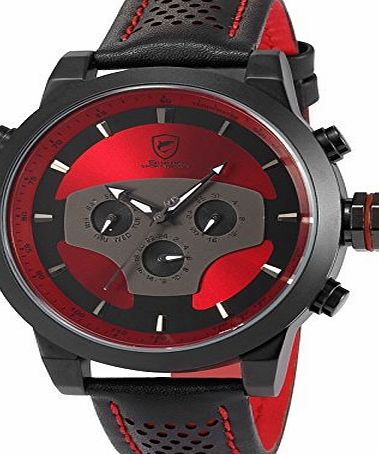 Shark Red Requiem Shark Series Dual Time Zone Analog Date Day Mens Black Leather Sport Wrist Watch SH207