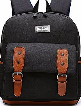 Sheng TS Vintage College Bag Bookbags Rucksack Casual Daypacks Canvas Shoulder Backpack for 13```` amp; 15.6```` Laptops Fits MacBook Pro/Air Dell, Asus, MSI (Black)
