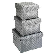 Silver Woven Set Of 3 Square Lidded Boxes