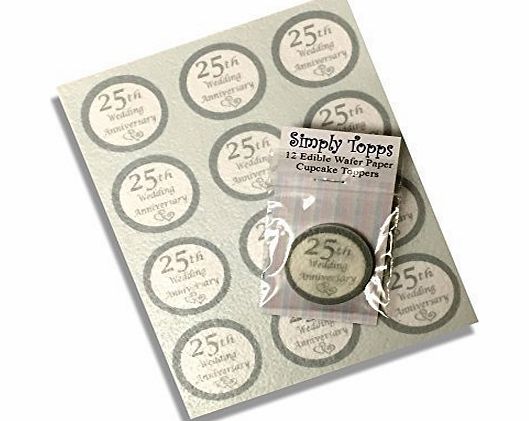 simply topps 12 Silver wedding anniversary design rice paper fairy / cup cake 40mm toppers pre cut decoration