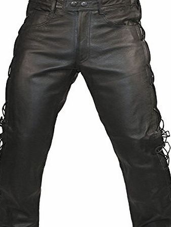 Skintan Mens Leather Lace Sided Motorcycle Trousers - Black - L31 W38