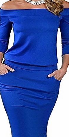 skyblue-uk Womens Off Shoulder Pencil Dress 3/4 Sleeve Pocket Party Evening Mini Bodycon Dress Blue