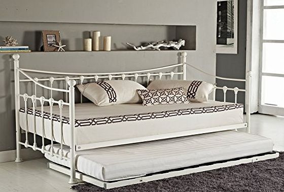 Sleep Design Elegant French Metal Versailles Single Day Bed with Pull Out Guest Trundle Bed- Black or White (White)