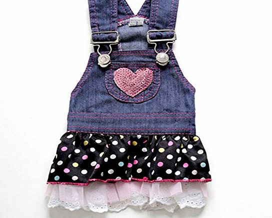 smalllee_lucky_store  Small Dog Dress Female Denim Overalls Vest Dots Print Lace Skirt Tiered Heart Shaped Pet Clothes S