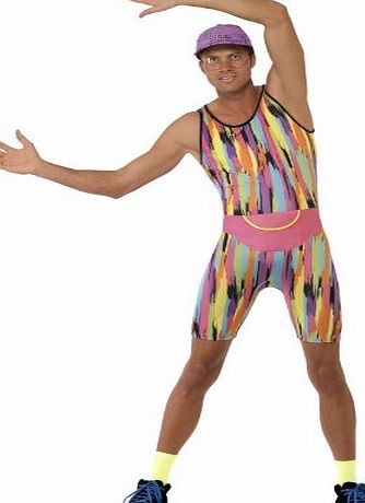 Smiffys Adult mens Aerobics Instructor Costume, Bodysuit, Hat and Bum Bag, Back to the 90s, Serious Fun, Size M, 23696