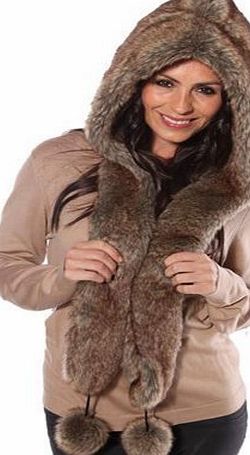Socks Uwear Womens Faux Fur Hooded Scarf With Pom Poms Winter Thermal Hat 57cm Taupe