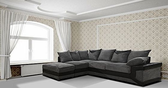 SOFASANDMORE Dino Corner Sofa In Black amp; Grey Fabric With a Large Footstool (Black Left)