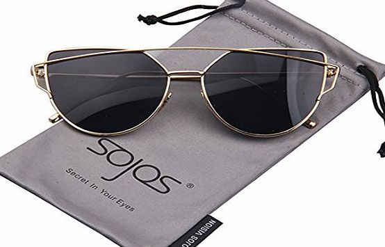 SojoS Cat Eye Mirrored Flat Lenses Street Fashion Metal Frame Women Sunglasses SJ1001 With Gold Frame/Grey Lens