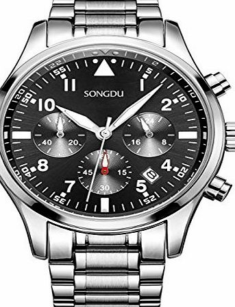 SONGDU Mens Multi-Function Chronograph Quartz Watch With Stainless Steel Bracelet and Black Dial Plate DM-9202-P51EYB --Ideal and Celebrative Gift for Christmas and New Year Sales