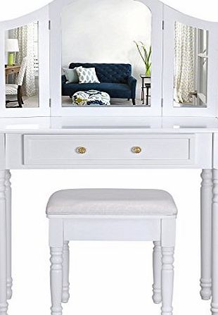Songmics chic 3 foldable mirrors Dressing Table Set with white stool, 1 big drawer for cosmetics Made-up RDT33W