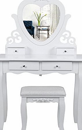 Songmics Wall-fixed HEART Dressing Table with Stool and Mirror, 4 Drawers Vanity with 2 divider RDT14W