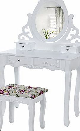 Songmics Wall-Fixed Hollow-out Floral Dressing Table set with mirror and stool, 4 drawers with 2 Dividers RDT04W