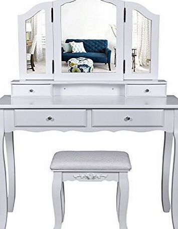 Songmics Wall-Fixed White 3 Mirror Dressing table with stool, 4 Drawers Incl. 2 Dividers Make-up Dresser RDT07W
