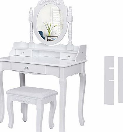 Songmics Wall-Fixed white Dressing Table Set with adjustable mirror and upholstered stool, 3 drawers with 2 Dividers RDT75W