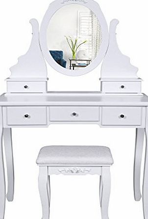 Songmics Wall-Fixed White Dressing table with Mirror and stool, 5 Drawers Incl. 2 Dividers Make-up Dresser RDT09W