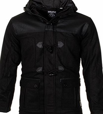 SoulStar Mens Soulstar Designer PU Panel Hooded Wool Jacket Classic Winter Duffle Coat Size Black XL